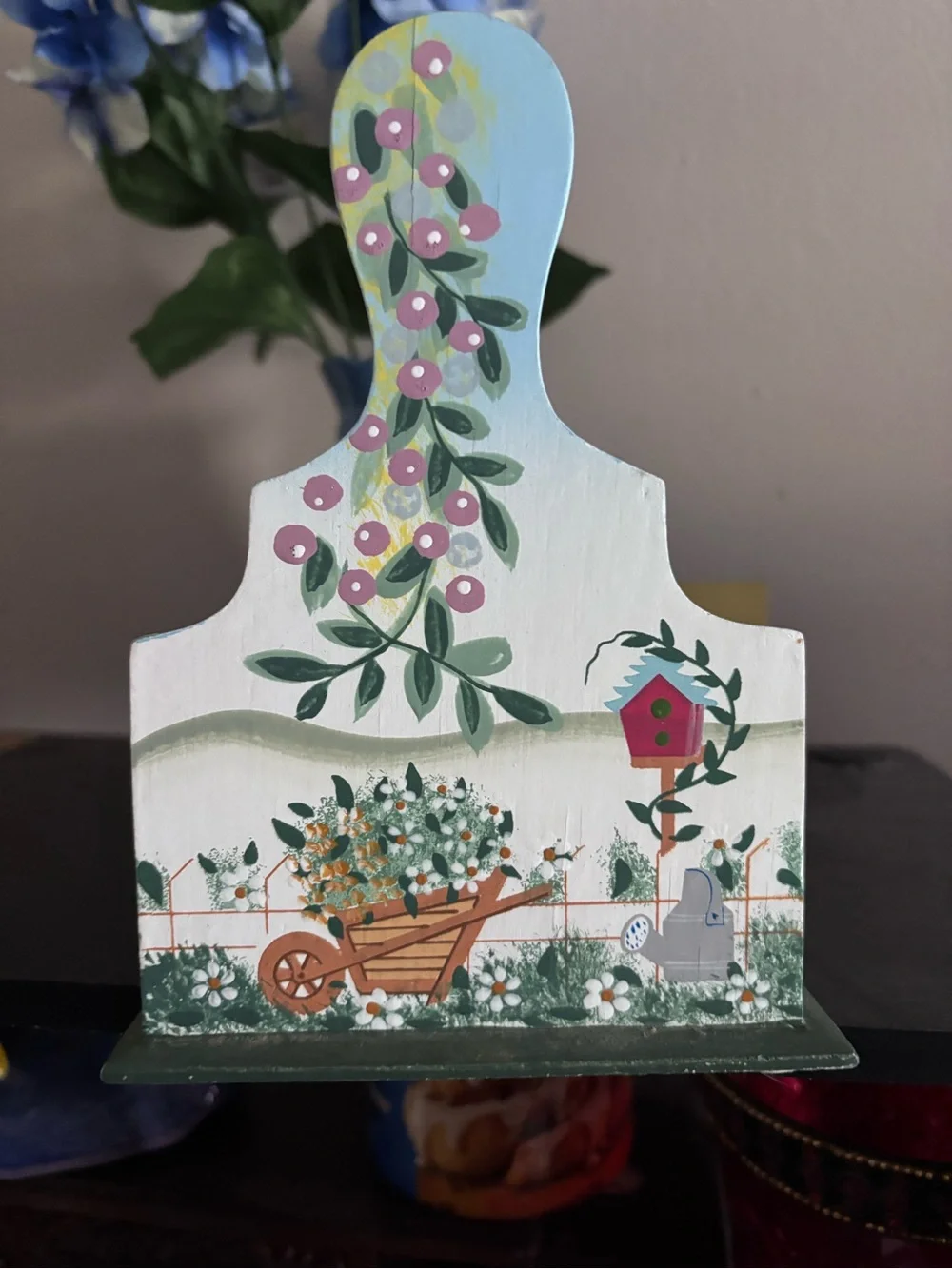 Hand-Painted Floral Blue and White Wooden Caddy